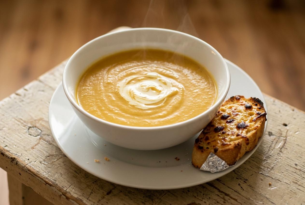 Roast Pumpkin Soup with Garlic Bread