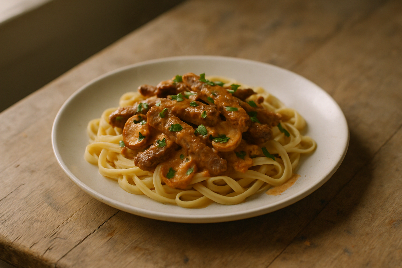 Creamy Beef Stroganoff with Buttered Pasta