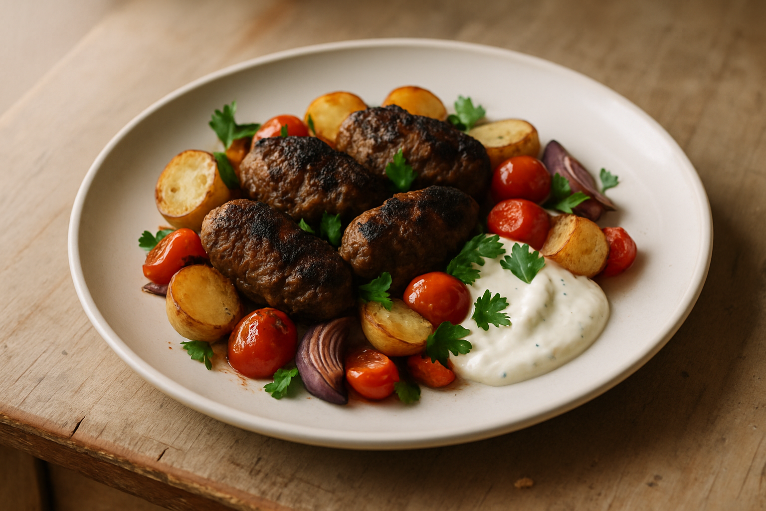 Beef Kofta Tray With Potatoes and Yoghurt