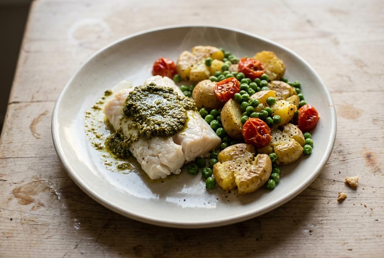Pesto Fish With Crushed Potatoes and Peas