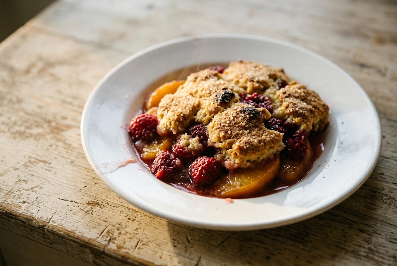 Warm Peach and Raspberry Cobbler