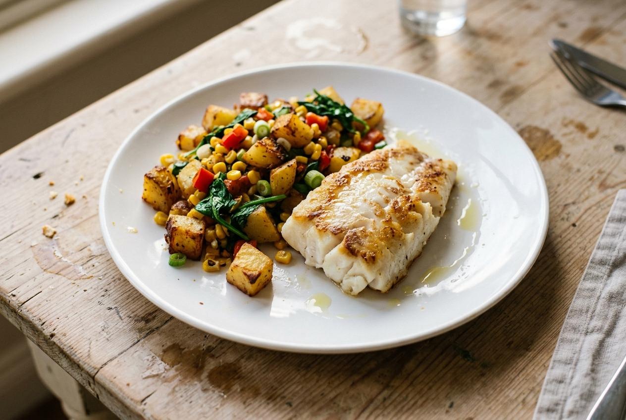 Pan-Fried Fish With Potato and Corn Hash