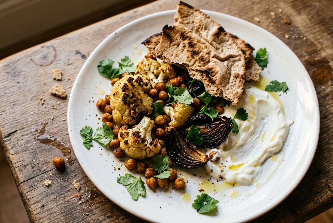 Spiced Chickpea and Cauliflower Tray With Flatbread