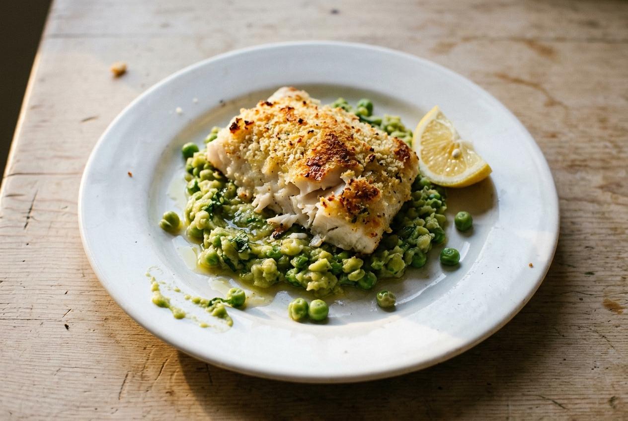 Parmesan-Crumbed Fish With Smashed Peas
