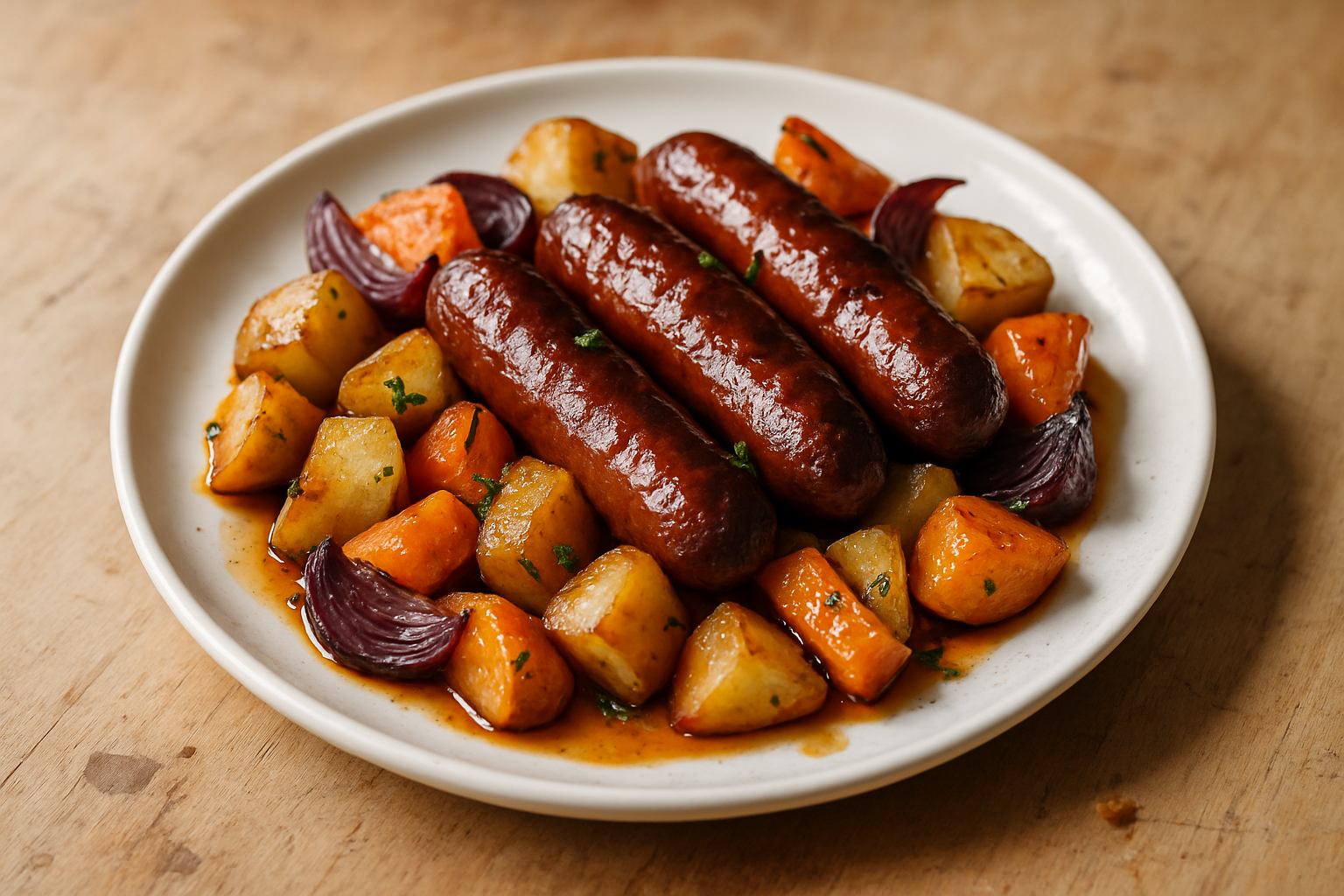 Maple Mustard Sausages With Root Vegetables