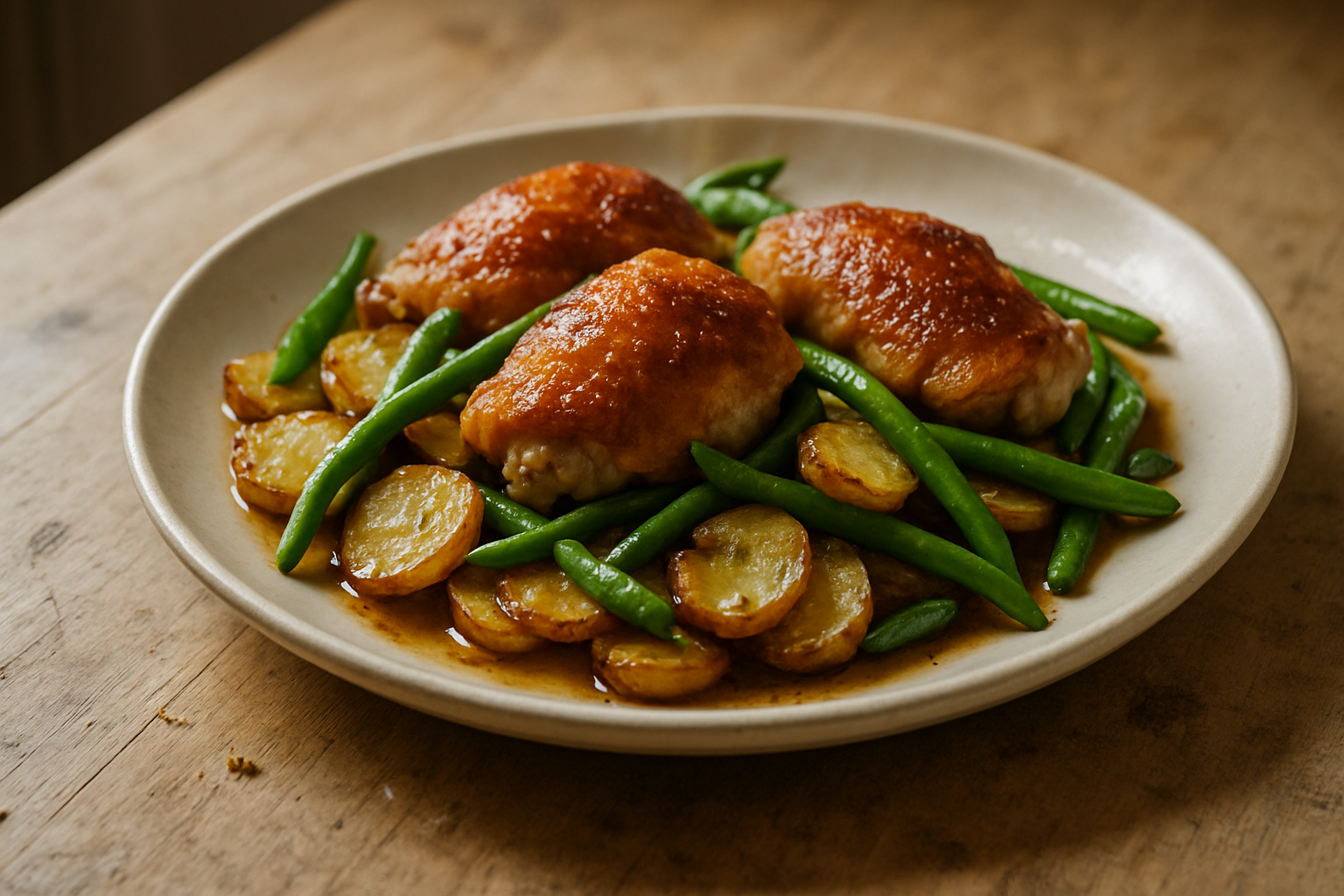 Crispy Chicken Thighs With Pan Potatoes and Beans